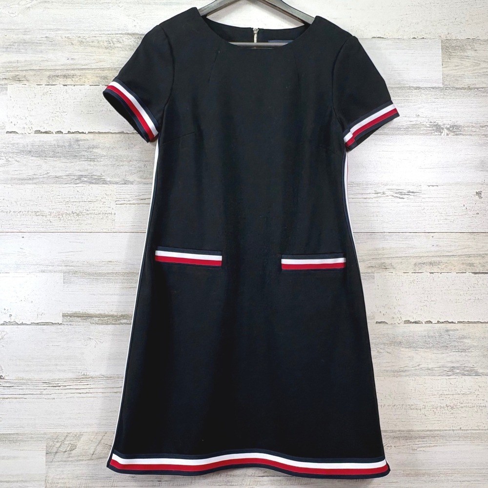Tommy Hilfiger Shift Dress Women 10 Black Short Sleeve Striped Trim Preppy Chic